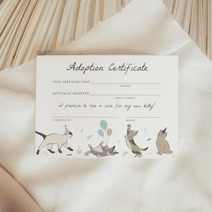 Certificat d'adoption de chat, adopter une forme de chaton, anniversaire de chat pawty, carte d'adoption de chaton, modèle modifiable, téléchargement imprimable bricolage, 0043