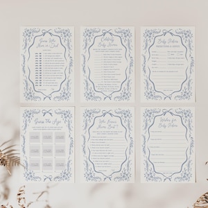 Pu&ograve; includere: Sei biglietti per giochi per baby shower con bordi floreali blu e testo. I giochi includono "Indovina chi &egrave; mamma o pap&agrave;", "Nomi di bambini di celebrit&agrave;", "Previsioni e consigli per bambini", "Indovina l'et&agrave;", "Chi conosce meglio la mamma?" e "Auguri per i ritorni del bambino".