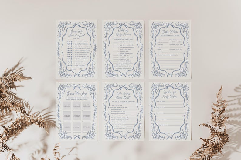 Pu&ograve; includere: Sei biglietti per giochi per baby shower con bordi floreali blu e testo. I giochi includono "Indovina chi &egrave; mamma o pap&agrave;", "Nomi di bambini di celebrit&agrave;", "Previsioni e consigli per bambini", "Indovina l'et&agrave;", "Chi conosce meglio la mamma?" e "Auguri per i ritorni del bambino".