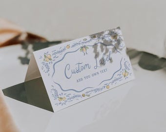 Lemon Place Card Food Label Template Blue Yellow Name Tag Italian Summer Tent Card Hand Drawn Chinoiserie Editable Digital Download, 0101