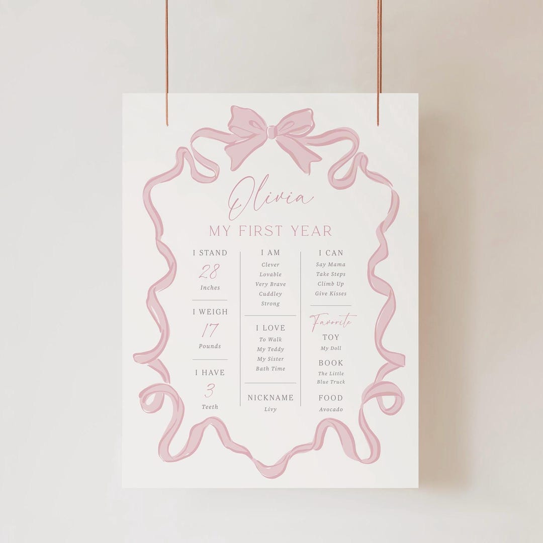 Pinkstats Signage Bow Birthday Milestone Sign Pink Coquette Birthday First Year Stats ...