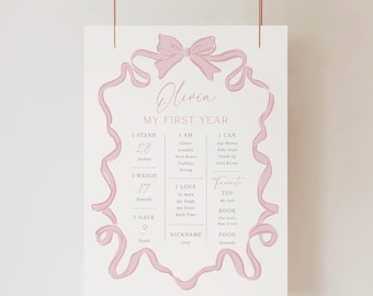 Bow Birthday Milestone Sign Pink Coquette Birthday First Year Stats Editable Hand Drawn Pink Bow Milestone Poster Template Printable, 0078