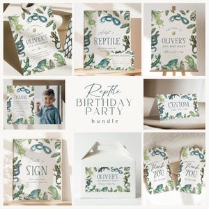 May include: A reptile-themed birthday party bundle featuring printed stationery, signs, and favor boxes. The designs include watercolor illustrations of various lizards, snakes, and tropical leaves with text such as Oliver's 5th Birthday, Adopt a Reptile, and Thank You.