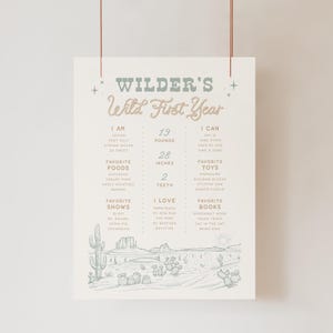 May include: A white milestone poster titled Wilder's Wild First Year in sage green and tan text. It lists facts like 19 pounds, 28 inches, and 2 teeth, alongside favorite foods, toys, and shows, featuring a desert landscape illustration at the bottom.