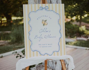 Letrero de bienvenida personalizado para baby shower con diseño de limón: ¡No puedo esperar a abrazarte! Póster en amarillo y azul con diseño cítrico, descarga digital editable, 0136