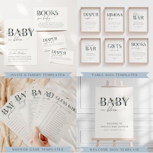 May include: Printable baby shower templates in blue and white with floral accents. Includes an invitation, inserts, table signs, game cards, and a welcome sign. The text on the welcome sign reads "Baby in Bloom".