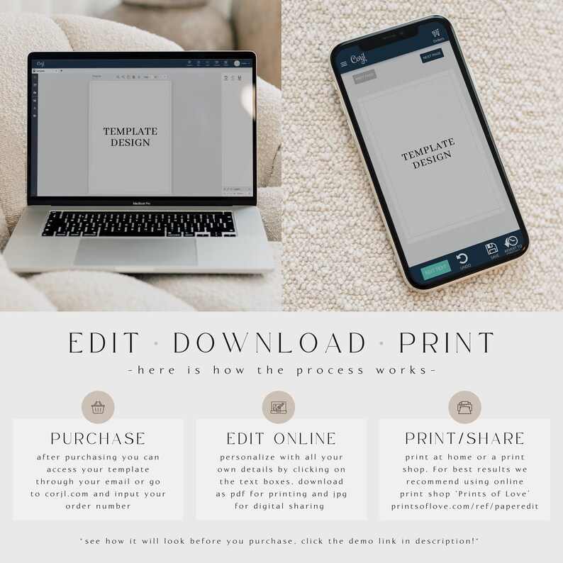 May include: A graphic showing the steps to edit, download, and print a template design. The steps are: purchase, edit online, and print/share. The graphic includes a laptop, a smartphone, and icons for each step.