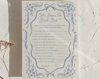 Who Knows the Bride Best Bridal Shower Game Personalized Template Blue Floral Toile Activity Card Download, 0103