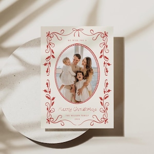 Carte photo de Noël, carte photo de vacances fantaisiste, modèle modifiable de carte de Noël dessinée à la main, carte imprimable avec cadre coquette, 0072