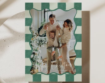 Christmas Photo Card, Picture Holiday Card Printable, Checker Holiday Card Editable DIY Template, Scallop Frame Boho Card