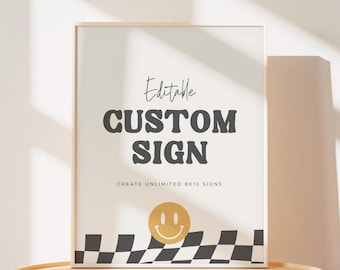 One Happy Dude Custom Sign Smile Face Birthday Table Sign Retro Birthday Party Poster Editable Template Digital Download Printable, 0021