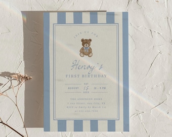 Bear Invitation Template Beary First Birthday Invite Vintage Stripes 1st Birthday Party Printable Digital Download, 0134