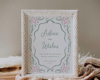 Advice and Wishes Sign Baby Shower Template Activity Hand Drawn Floral Editable Games Pink Green Floral Printable, 0112