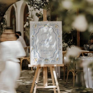 Cartello di benvenuto per addio al nubilato in stile costiero europeo, con limoni disegnati a mano, modello estivo blu ispirato all'Italia, download digitale modificabile, 0101