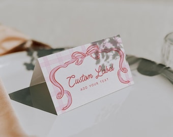 Place Card Food Label Template Bbq Couples Shower Name Tag Editable Baby Shower Tent Cards Printable Pink Bow Hand Drawn Buffet Card, 0086