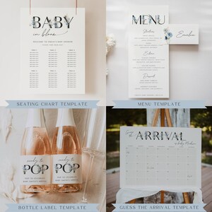 May include: A set of printable templates for a baby shower. The templates include a seating chart, menu, bottle label, and a guess the arrival calendar. The templates feature a blue and white floral design with the text "Baby in Bloom".