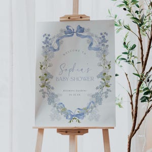 Placa de boas-vindas para chá de bebê com flores azuis, modelo de placa para chá de bebê com laço azul, placa editável para chá de bebê de menino, para impressão, download, 0084