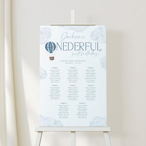 Puede incluir: Un plano de asientos de acuarela azul y blanco con un gráfico de globo aerostático. El gráfico enumera las mesas con nombres para una fiesta de primer cumpleaños. El texto dice "Jackson's ONEDERFUL first birthday!" y "PLEASE FIND YOUR SEAT - NOVEMBER 11TH 2022 -"
