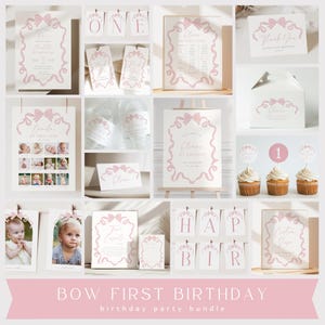 Bogen 1. Geburtstag Bundle Rosa Kokette Erste Geburtstagseinladung Party Bundle Bearbeitbare Hand Gezeichnet Rosa Bogen Party Vorlage Printables, 0078