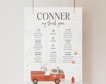 May include: A white milestone poster for Conner's third year featuring black text, cloud illustrations, and a red fire truck at the bottom. The text lists personal details including 13 kg, 91 cm, and 19 teeth alongside favourite foods, shows, and books.