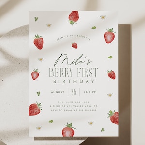 Invito per il primo compleanno di Berry, invito per il primo compleanno di Berry, invito moderno alla fragola, festa di compleanno di Berry, modello stampabile, 0013