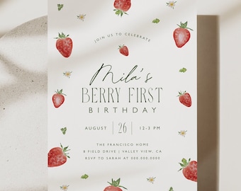 Berry First Birthday Invitation, Berry 1st Birthday Invitation, Modern Strawberry Invitation, Berry Birthday Party, Printable Template, 0013