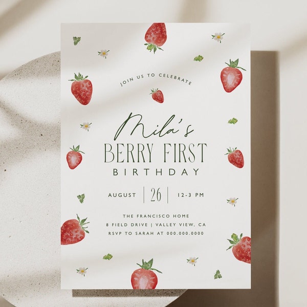 Berry First Birthday Invitation, Berry 1st Birthday Invitation, Modern Strawberry Invitation, Berry Birthday Party, Printable Template, 0013