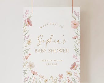 Baby in bloei welkomstbord roze bloemen baby shower teken sjabloon bewerkbaar in bloei bloemen afdrukbaar welkomstbord digitale download, 0085