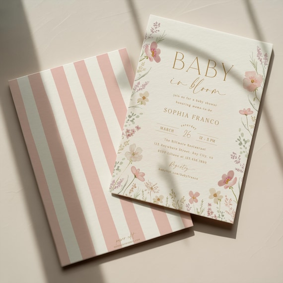 Baby in Bloom Invitation Pink Floral Baby Shower Invitation Template Editable In Bloom Flowers Printable Invitation Digital Invite, 0085