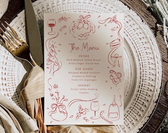 Christmas Menu Hand Drawn Holiday Party Dinner Menu Whimsical Bow Frame Menu Template Editable Cocktail Party Food Menu Printable, 0077