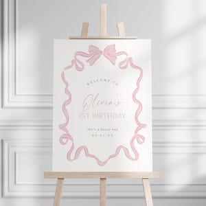 Cartello di benvenuto per compleanno con fiocco rosa, modello stampabile, modello modificabile, modello di cartello di benvenuto per festa con fiocco rosa disegnato a mano, 0078
