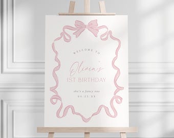 Bow Birthday Welcome Sign Pink Coquette First Birthday Sign Editable Hand Drawn Pink Bow Party Welcome Poster Template Printable, 0078