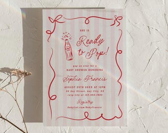 Invitación para baby shower "Listo para descorchar", plantilla editable para baby shower con refresco, imprimible, rosa y rojo, dibujado a mano, 0115
