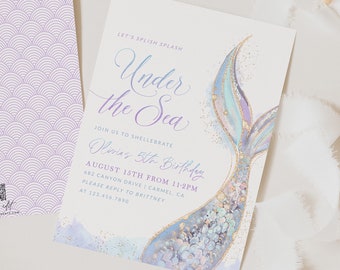 Faire-part d'anniversaire queue de sirène sous l'invitation de sirène Invitation d'anniversaire de la mer Oneder, modèle d'invitation imprimable d'invitation de la mer, 0003