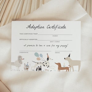 Certificat d'adoption de chien, adopter une forme de chiot, anniversaire de chiot Pawty, carte d'adoption de chiot, modèle modifiable, téléchargement imprimable bricolage, 0043