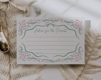 Advice for the Parents Card Baby Shower Game Template Activity Hand Drawn Floral Editable Games Pink Green Floral Printable, 0112