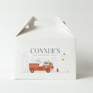 Firetruck Birthday Party Gable Box Label Construction Trucks Favor Box Label Editable Printable Label Template Instant Download, 0012