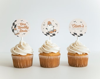 Editable Halloween Cupcake Toppers Spooky Round Label One Spooky Dude Birthday Party Halloween Sticker Tag Template Download Printable, 0054