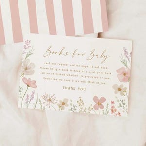 Kaartsjabloon Boeken voor baby Baby in bloei Babyshower roze bloemen babyshower uitnodiging invoegen bewerkbare boeken voor baby afdrukbaar, 0085