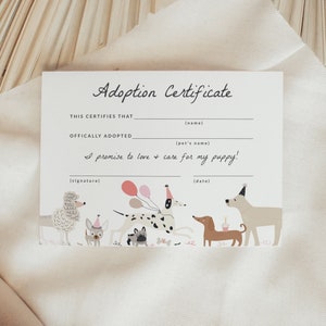 Adoptiecertificaat hond, adopteer een puppy, verjaardag puppy Pawty, adoptiekaart puppy, bewerkbare sjabloon, afdrukbare DIY-download, 0025