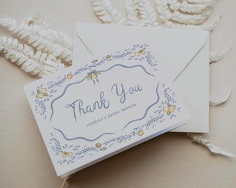 Lemon Thank You Card Template Blue Yellow Italian Summer Thank You Card Printable Hand Drawn Chinoiserie Editable Digital Download, 0101