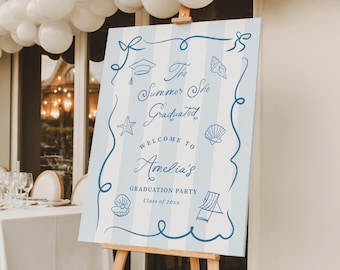 Graduation Banner Personalized Coastal Grad Party Welcome Sign The Summer She Graduated Blue Stripes Template Digital Download, 0138