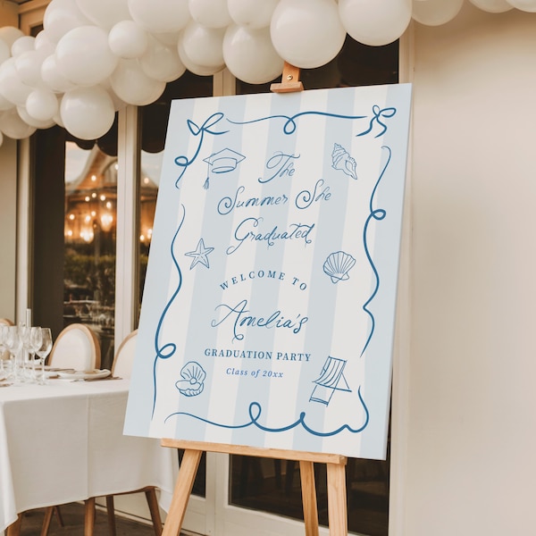 Graduierung Banner Personalisierte Küsten Grad Party Willkommensschild Der Sommer Sie graduierte Blaue Streifen Vorlage Digitaler Download, 0138
