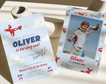 Invitación de cumpleaños de avión: Cómo vuela el tiempo. Invitación de primer cumpleaños de avión. Invitación de aviones vintage. Plantilla de cumpleaños para niño de aviación, 0056.