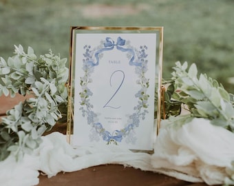Panneau de numéro de table floral bleu Panneau de table de mariage noeud modèle de signe de douche de bébé modifiable signe de table de douche nuptiale téléchargement imprimable, 0084