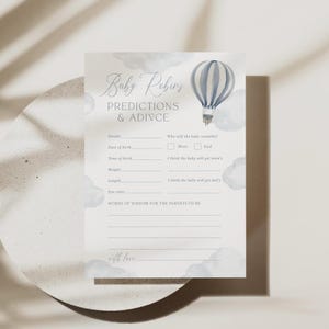 Voorspellingen en advies Babyshowerspelletjes Luchtballonactiviteiten sjabloon Bewerkbaar Blauw avontuur wacht afdrukbaar, 0089