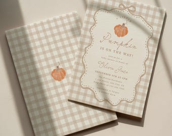 Invitación personalizada para baby shower con temática de calabazas: "Una pequeña calabaza está en camino". Plantilla editable para baby shower de otoño. Descarga digital, 0151 0155