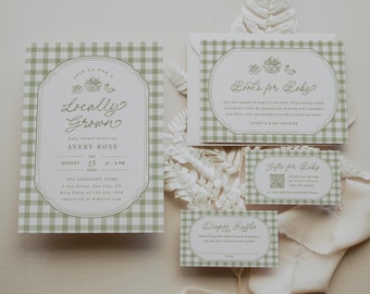 Locally Grown Invitation Suite Bundle Personalized Template Farmers Market Baby Shower Gingham Printable Download, 0142
