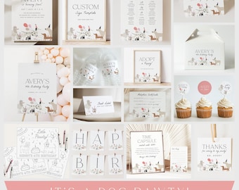 May include: A collection of dog-themed birthday party stationery and decor items, including invitations, signs, cupcake toppers, favor boxes, and coloring sheets, all featuring illustrations of various dog breeds and balloons.