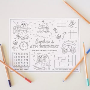 Princess Coloring Activity Sheet Magical Fairy Tale Party Castle Birthday Coloring Placemat Editable Activity Template Printable, 0028